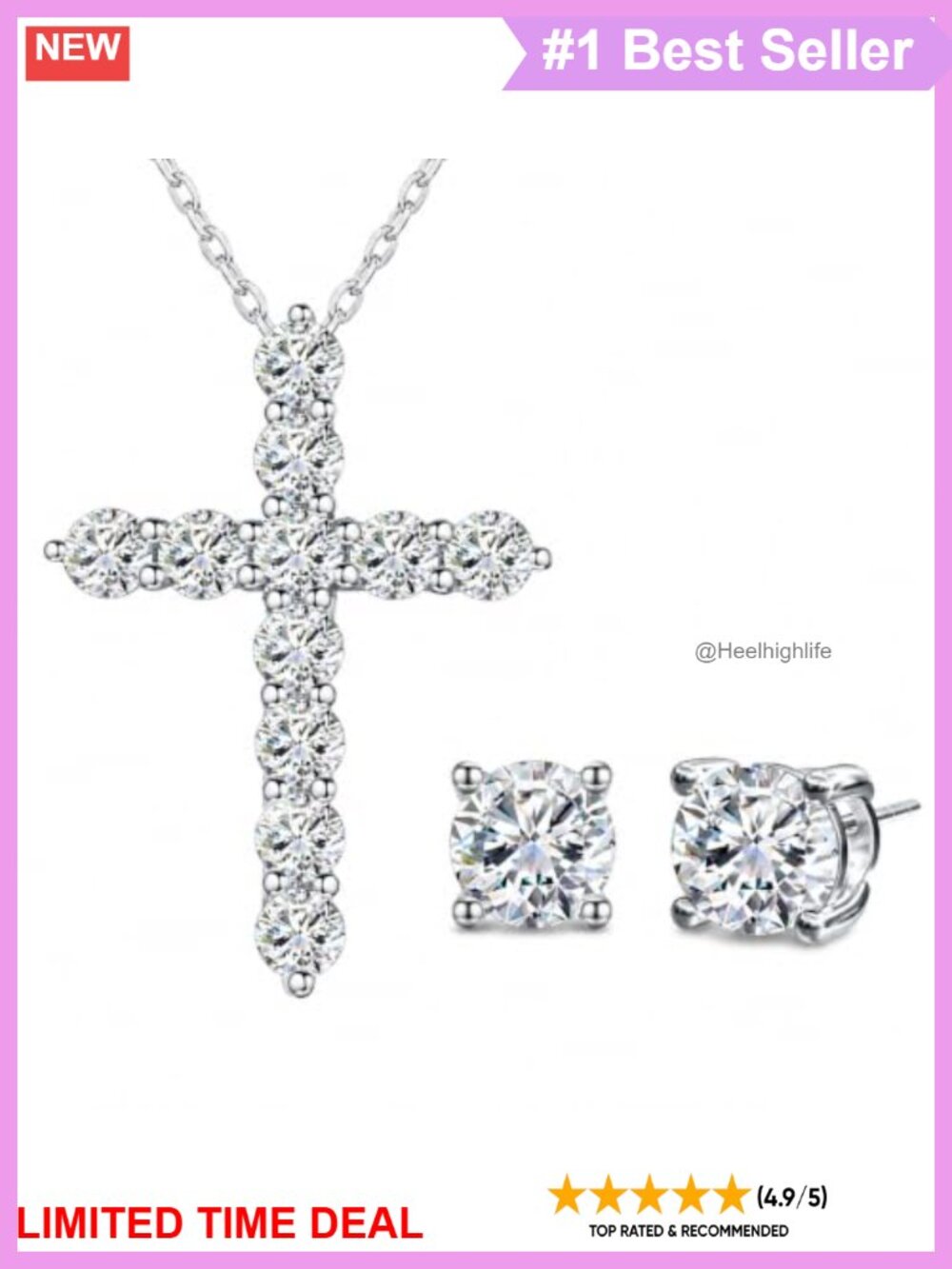 Moissanite Stud Earrings & Cross Necklace Sterling Silver Set